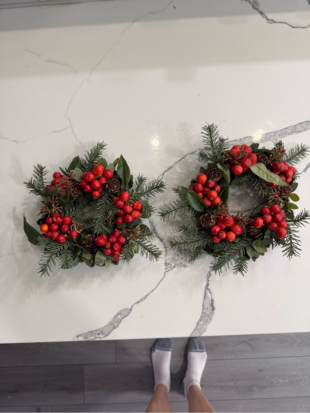 2 Christmas Wreaths with Berries and Pinecones 9” across